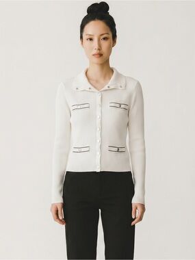 Jason Wu Cream Ribbed Snap Cardigan with Contrast Trim. Quiet luxury. Designer